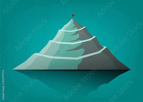 Fototapeta Mountain path climbing route to peak with reflection and flag on top of mountain