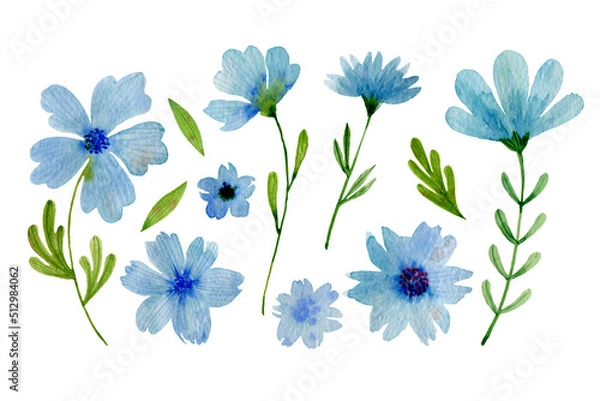 Obraz Set of blue watercolor flowers and green leaves. Watercolor illustration isolated on white background.