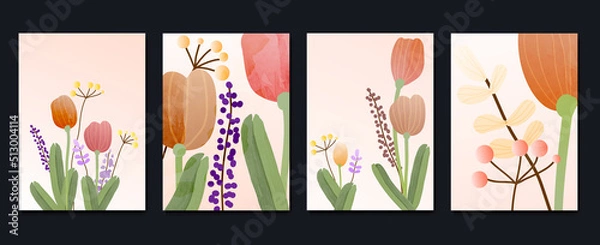 Fototapeta Set of abstract floral wall art vector. Leaves, flower, garden, leaf branch, wildflowers in watercolor texture. Blossom flowers wall decoration collection design for interior, poster, cover, banner.