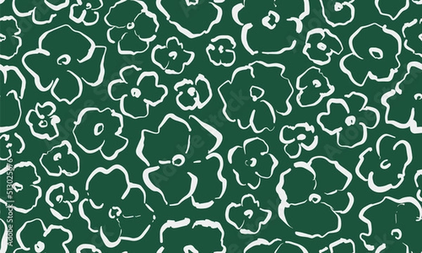 Obraz Abstract hand drawn floral heads seamless repeat pattern. Random placed, vector flowers all over surface print on green background.