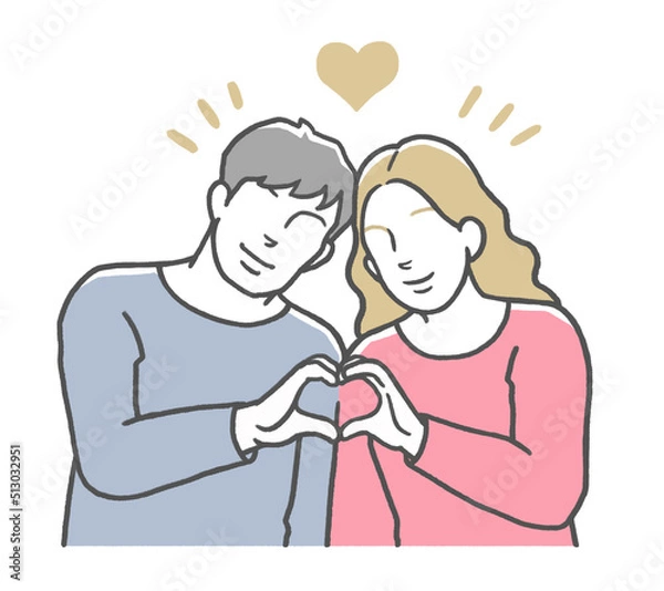 Fototapeta 手でハートマークを作る国際カップル　西洋人女性とアジア人男性