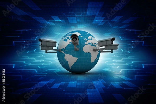 Obraz 3d rendering Surveillance CCTV Security Camera connected globe 
    
  