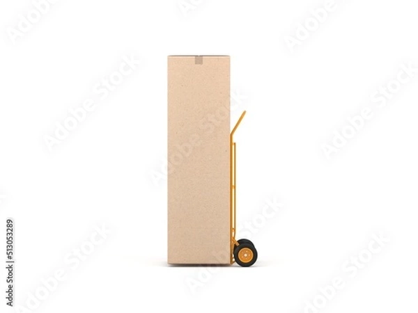 Fototapeta Large refrigerator box mockup on Hand Truck on white background, 3d rendering