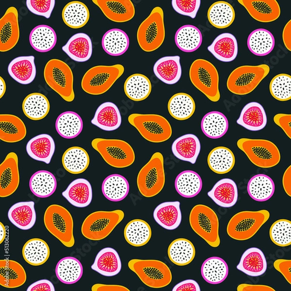 Fototapeta Fruit seamless pattern. Tropic papaya, dragon fruit pitaya and fig. Vector isolated illustration for fabric print, wrapping paper, kitchen decor, restaurant menu design. Hand drawn doodle style