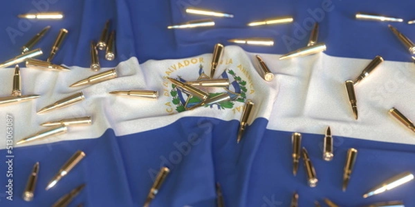 Fototapeta Many bullets on the flag of El Salvador. Gun control or war related conceptual 3D rendering