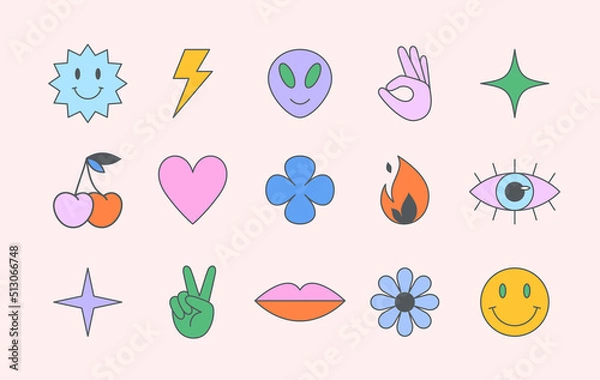 Fototapeta Vector set of colorful fun patches,stickers,geometric shapes in 90s style.Abstract icons or symbols in y2k aesthetic.Trendy design elements for banners,social media marketing,branding,packaging,covers