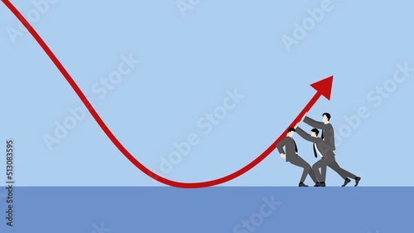 Fototapeta A minimal style of a red down graph of the financial crisis, economic downturn, inflation, recession, failure, bankruptcy, and crisis concept. Businessmen team push up decrease business chart diagram.
