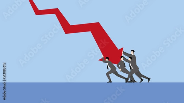Fototapeta A minimal style of a red down graph of the financial crisis, economic downturn, inflation, recession,  failure, bankruptcy, and crisis concept. Businessmen team push a decrease business chart diagram.