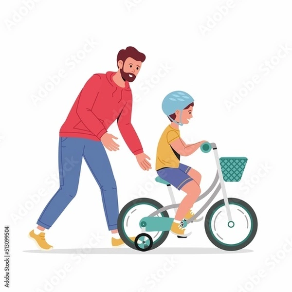 Obraz Caring dad teaching little son in helmet to ride bike for first time. Father helping boy kid riding bicycle with basket. Parenting, fatherhood concept. Parent actively spends time with child outdoors.