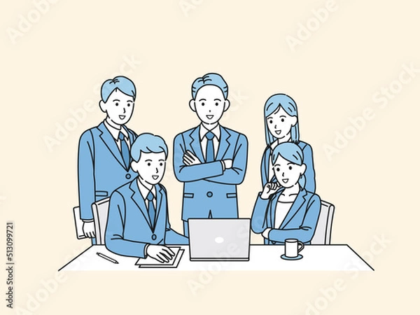 Fototapeta ミーティング　打ち合わせ　仕事風景　ノートパソコンを見る　スーツ姿の男女　同僚