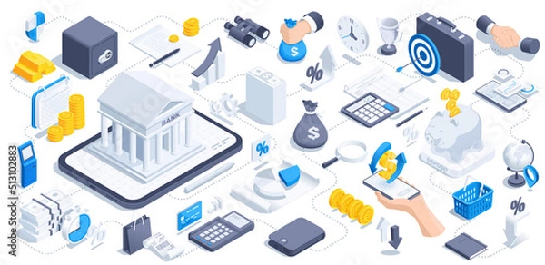 Fototapeta isometric vector illustration on a white background, business icons on the theme of bank and finance, money and bank building next to a safe and a wallet, banking and technology