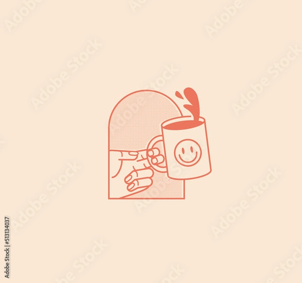 Fototapeta Cup of coffee logo or badge or sticker design template for coffee shop with hand coming out from arch doorway holding a cup of coffee isolated on light background. Vector illustration