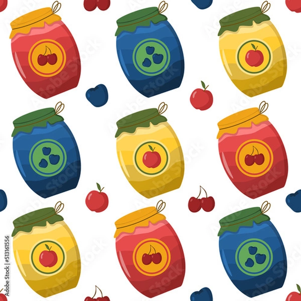 Obraz Pattern of jam jars with strawberries, blueberries and cherries in a flat style. reverse image.