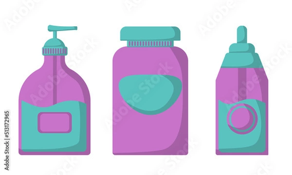Obraz Behind the body cosmetic set consisting of body oil, liquid soap and liquid soap in purple mint color, vector image.