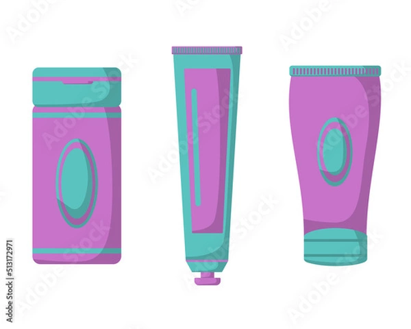 Obraz Behind the body cosmetic set consisting of shampoo, toothpaste, hand cream in purple mint color, vector image.