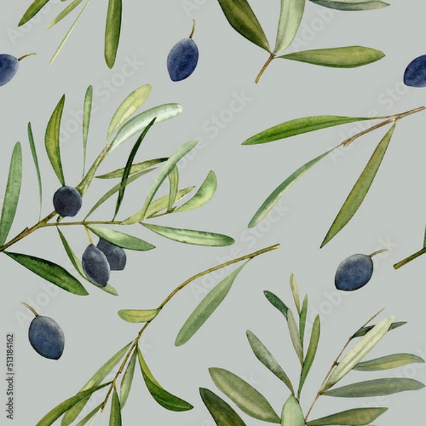 Fototapeta Watercolor hand drawn seamless pattern with olive leaf and olives.