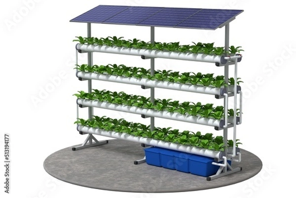 Fototapeta Vertical hydroponics farm with solar panels. Hydroponic system for growing plants and vegetables in a nutrient solution. 3d illustration