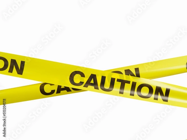 Fototapeta Warning yellow plastic tapes with a black caution inscription on a white background. Accident, crime, epidemic, objects under construction. Fence, border. Minimalism.