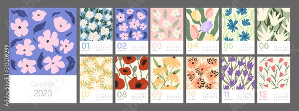 Fototapeta Floral calendar template for 2023. Vertical design with bright colorful flowers and leaves. Editable illustration page template A4, A3, set of 12 months with cover. Vector mesh. Week starts on Sunday.
