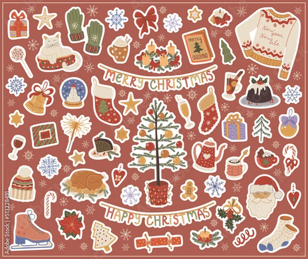 Fototapeta Set  hand drawn vector isolated stickers of Christmas. Decoration for Christmas. Christmas food and drinks. Winter clothes.  Color image on a white background. The print is used for packaging design.