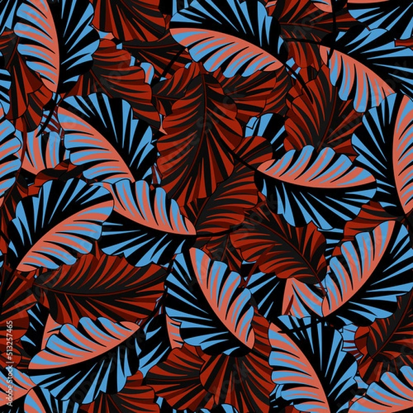 Fototapeta Fashionable, bright seamless background with tropical leaves. Pattern for printing on material and paper.