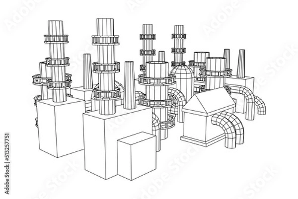 Fototapeta Industrial building factorie facilitie power plant. Wireframe low poly mesh