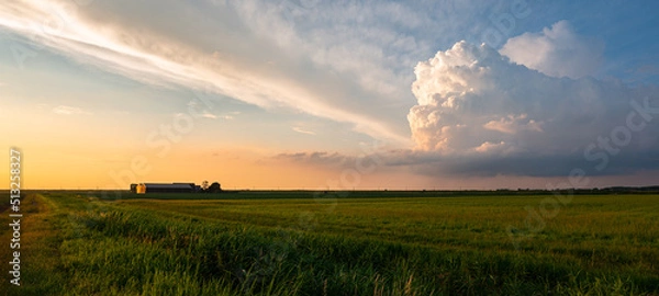 Obraz Idyllic image of a distant farm and storm cloud in the Dutch countryside during sunset