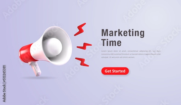 Obraz Marketing landing page concept, realistic 3d megaphone, loudspeaker with lightning. Vector illustration