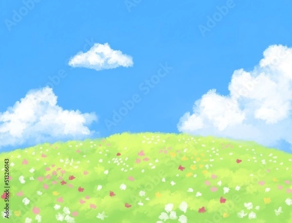 Fototapeta 青空と花畑のイラスト　背景壁紙