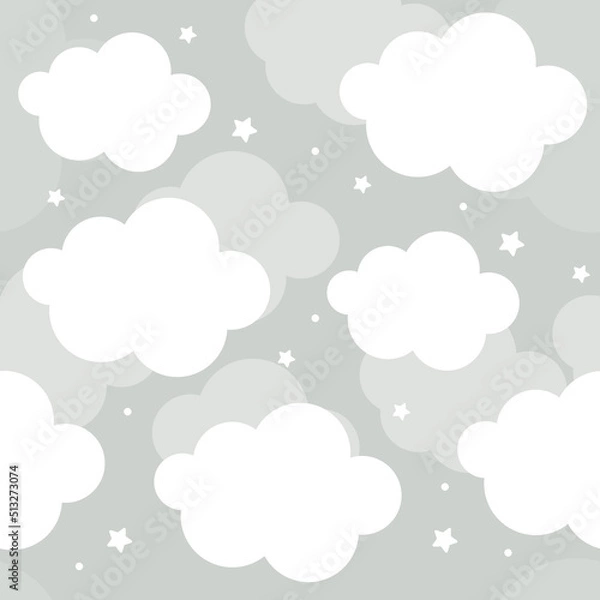 Obraz Vector hand drawn modern childrens wallpaper. Airy cute clouds and stars on a gray background. Seamless pattern. Scandinavian style. To decorate a child's room.