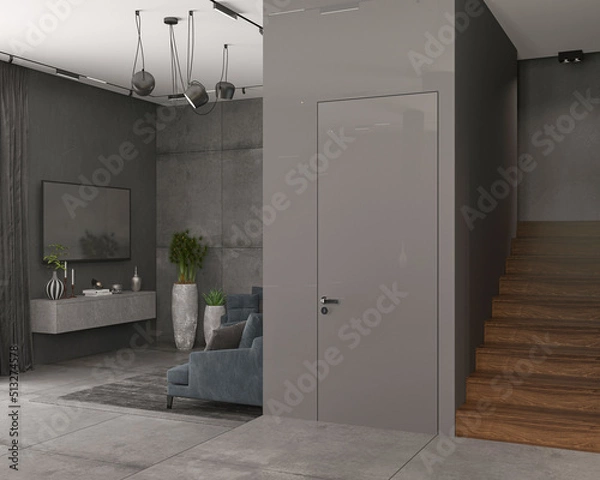 Fototapeta 3d illustration. The interior of kitchen-living room in private house, granite floor, concrete wall, wood-concrete furniture.  TV area with sofa. Curtains on the windows. 3D rendering.