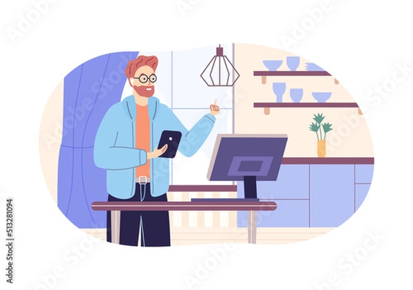 Fototapeta Businessman working on computer pointing up his index finger and giving advice