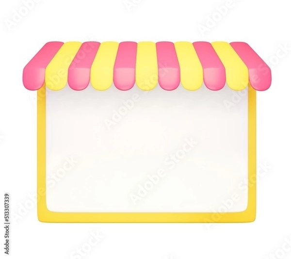 Fototapeta 3d render marketplace clean front with canopy striped roof. Rendering illustration of empty storefront space with sunshade isolated on white background. Shopping online element. E-commerce object.