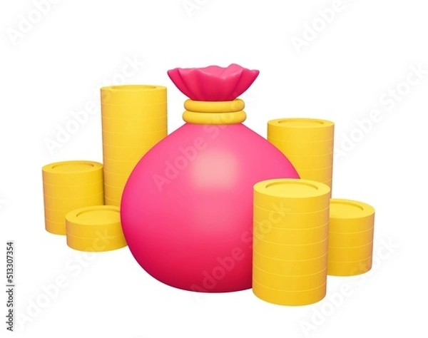 Fototapeta 3d render financial wealth icon. Rendering illustration of pink money sack with coin piles isolated on white background. Cartoon cute design. Cash bag with coins sign. Earning profit. Banking element 
