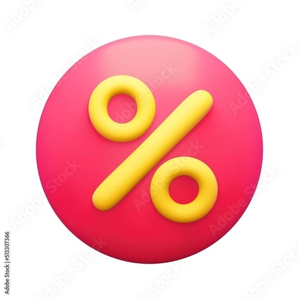 Fototapeta 3d render discount rate icon. Rendering illustration of yellow percentage on the pink circle button isolated on white background. E-commerce sign. Promotion price offer label. Summer sunny colors. 