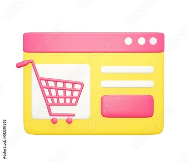 Fototapeta 3d marketplace website icon. Rendering illustration of pink and yellow colors product customer cart on the web page application. Shopping online concept. E-commerce sign isolated on white background. 