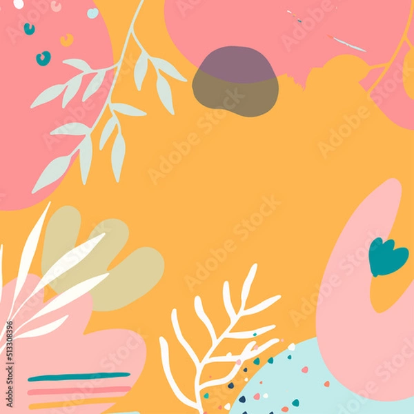 Fototapeta Minimalist abstract square background with outline leaves and Scandinavian color theme