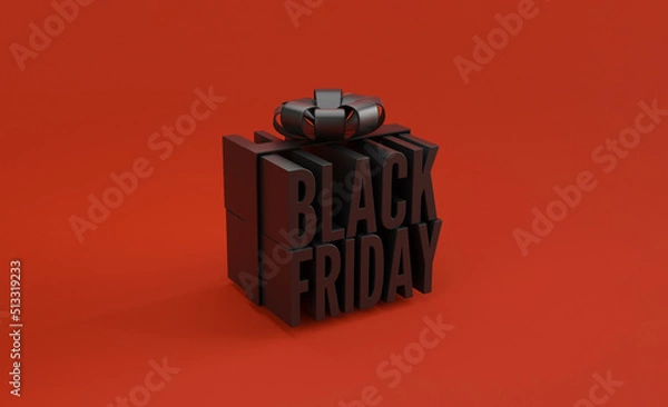 Fototapeta Black Friday gift box with black ribbon on red background for the day after Thanksgiving of the traditional Christmas shopping season concept by 3d render illustration.
