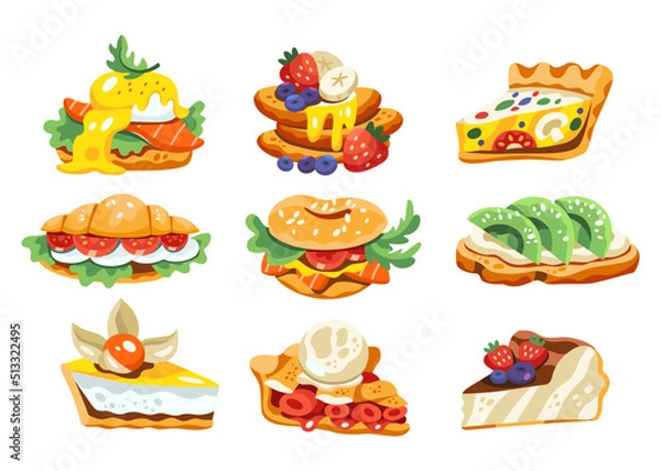 Fototapeta Set of vector illustration of delicious food. Pack of icons, stickers, social media, menu. Blue, orange, brown, beige, yellow, red, green colors. Hand drawn cartoon flat vector illustration