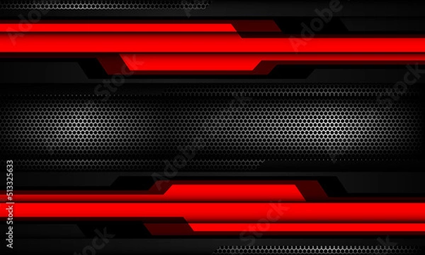 Fototapeta Abstract red silver cyber grey metallic geometric gold light on black hexagon mesh design modern technology futuristic background vector