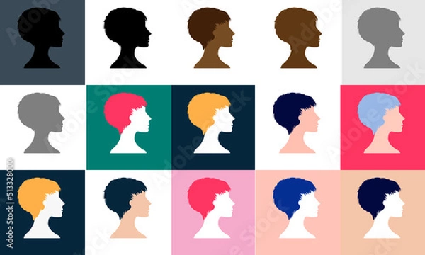 Fototapeta Set of vector silhouettes of beautiful female faces in profile on an isolated background. Fashion illustration.Woman with a short colored haircut . Default avatar profile icon.EPS10.