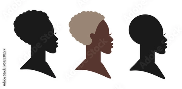 Fototapeta Set of vector silhouettes of beautiful female faces in profile on an isolated background. Head of an African woman in profile with a short haircut . Default avatar profile icon.EPS10.