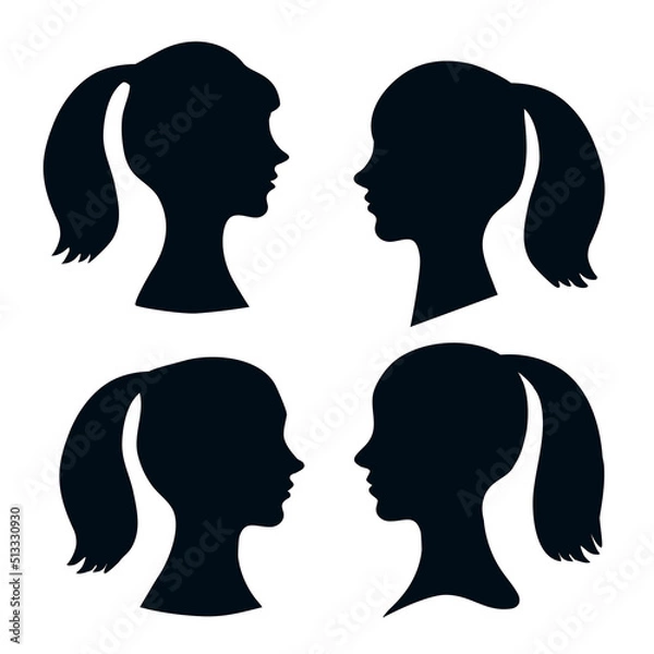 Fototapeta Set Silhouette of young womens in profile with ponytail hairstyle.Vector illustration.Default avatar profile icon.EPS10.