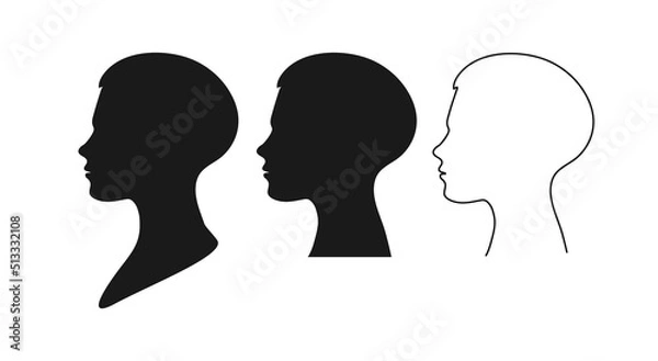 Fototapeta Set of vector solid and contour  silhouettes of beautiful face
boy, woman or child in profile with short hair on an isolated background.Default avatar profile.EPS10.