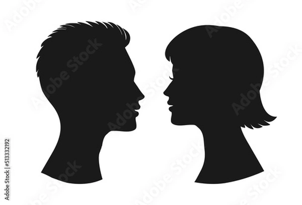 Fototapeta Silhouettes of a man and a woman face to face on an isolated background. Сouple,icon.Lovers.Default avatar profile.EPS10.