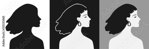 Fototapeta Set of vector silhouettes of beautiful female faces in profile on an isolated background. Fashion illustration.Woman with a flowing hair and earring . Default avatar profile icon.EPS10.