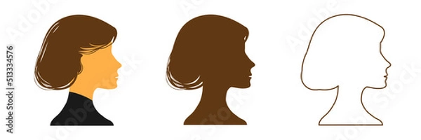 Fototapeta Set of vector solid and outline silhouettes.Woman in profile on an isolated background.Default avatar profile.EPS10.