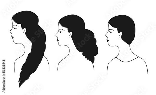 Fototapeta Girls profiles vector illustration set.Beautiful female faces in profile with different hairstyles on an isolated background.Black and white sketch in the painted line.Avatar profile icon.EPS10.