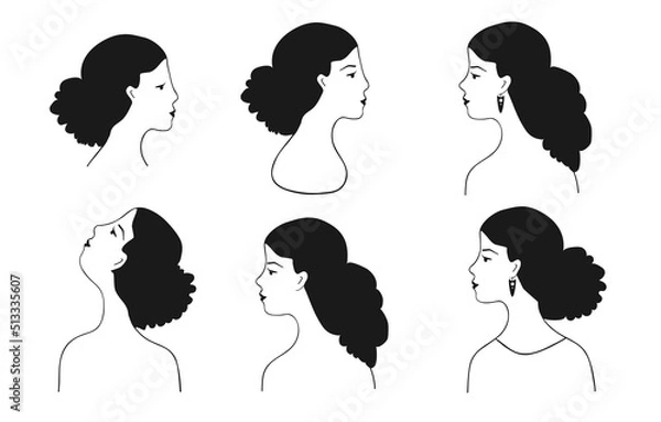 Fototapeta Girls profiles vector illustration set.Beautiful female faces in profile with different hairstyles on an isolated background.Black and white sketch in the painted line.Avatar profile icon.EPS10.