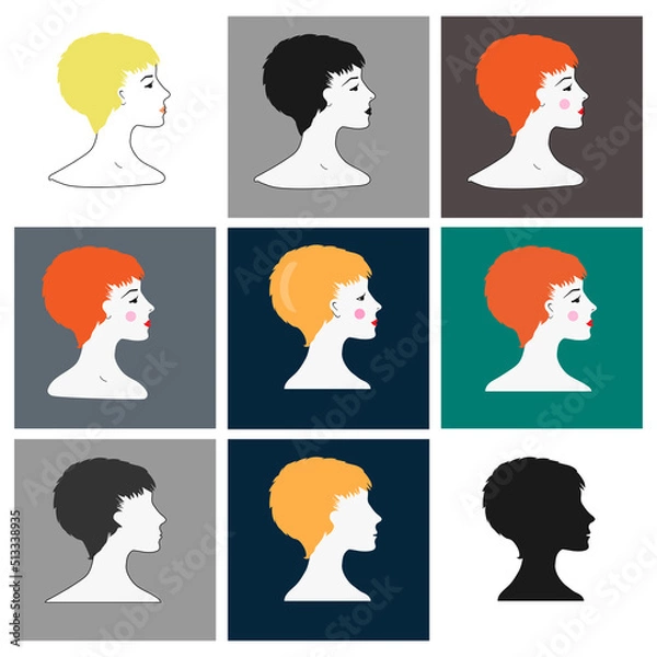 Fototapeta Set of vector silhouettes of beautiful female faces in profile on an isolated background. Fashion illustration.Woman with a short colored haircut . Default avatar profile icon.EPS10.